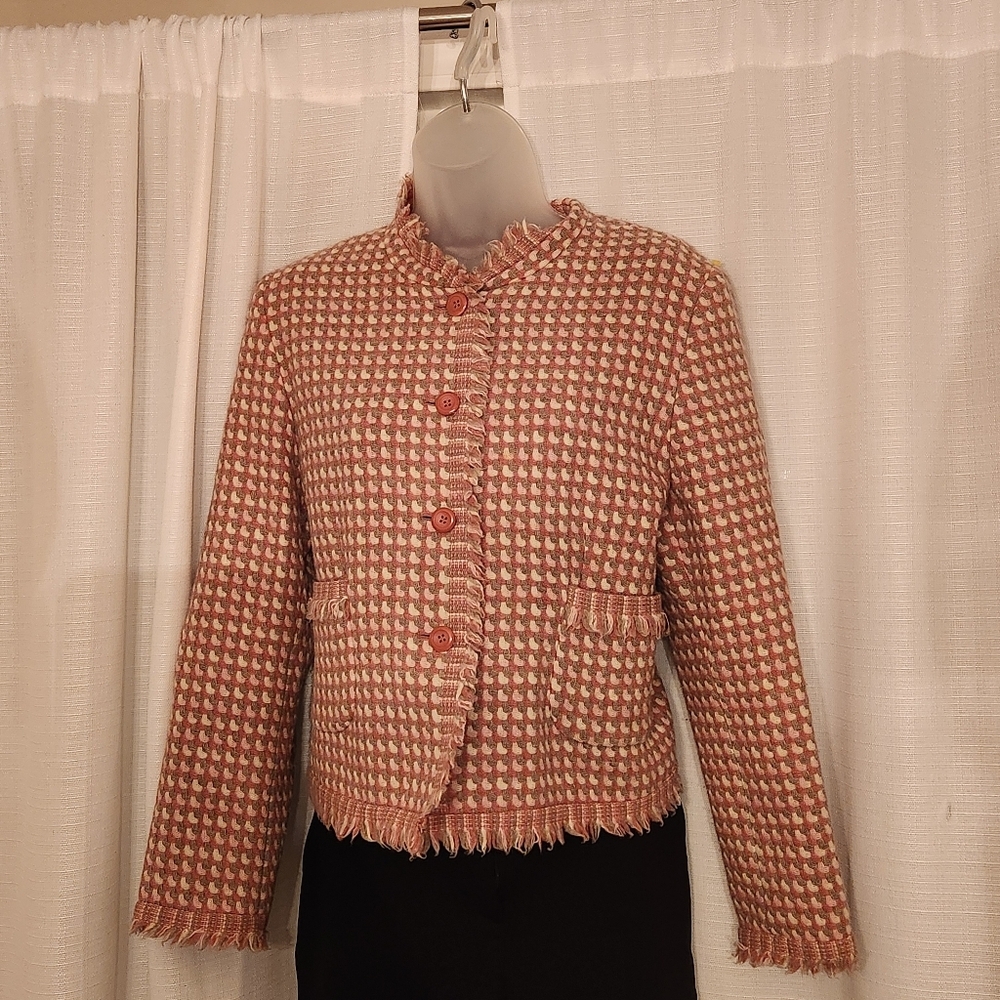 Pendleton Pink and Cream Tweed Fringed Blazer Jacket